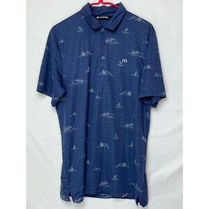 Travis Mathew Men L Blue Golf Polo Shirt Mountain Print Short Sleeve Performance